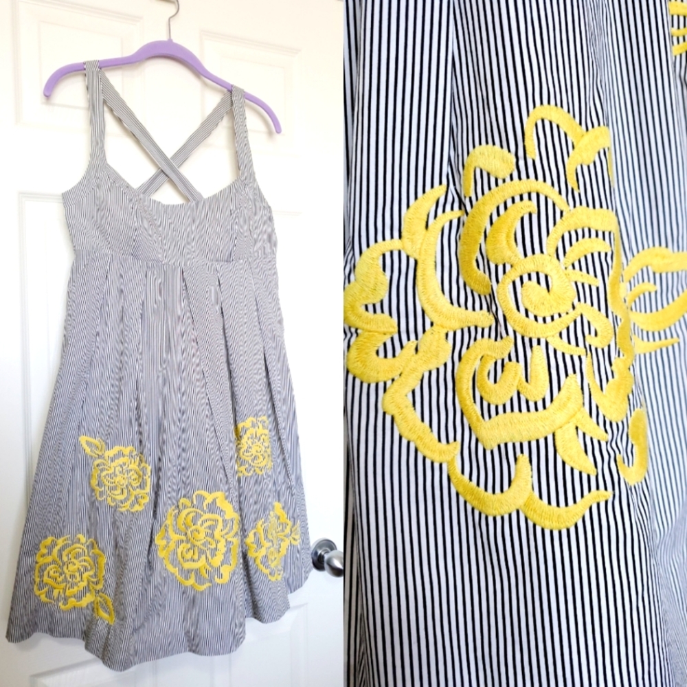INC International Concepts pinstripe cotton dress 4 embroidered black yellow